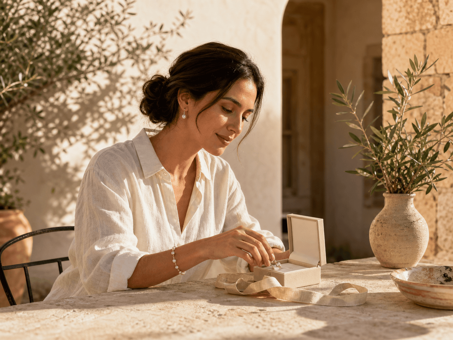 Model selecting a pearl gift at a sunlit limestone table